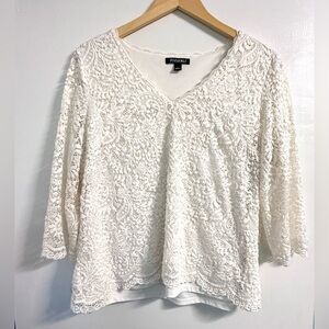 Roz & Ali Ivory Lace Lined Blouse L | Lined 3/4 Sleeve Top Coquette Cottagecore